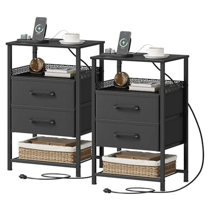 JARHETUN Nightstand Set of 2, Night Stands with Charging Station, 26.4 Inch Tall Bedside Table with Metal Shelf, Side Table with 2 Fabirc Drawers for Bedroom, Black - color: Black, style: Power