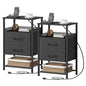 JARHETUN Nightstand Set of 2, Night Stands with Charging Station, 26.4 Inch Tall Bedside Table with Metal Shelf, Side Table with 2 Fabirc Drawers for Bedroom, Black - color: Black, style: Power