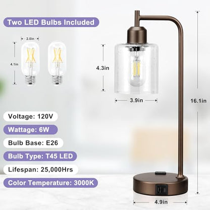 Innqoo Industrial Touch Table Lamps - 3-Way Dimmable Desk Lamps Set of 2 with USB C+A Ports and Outlet, Brown Bedside Lamps with Clear Glass Shade for Living & Bedrooms - color: H-Brown Base&Seeded Clear Glass