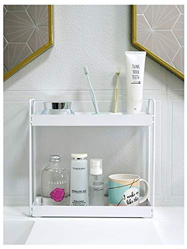 2-Tier Bathroom Countertop Organizer Vanity Tray Cosmetic & Makeup Storage Kitchen Spice Rack Standing Shelf, White