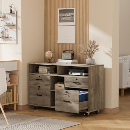 VINGLI Wide 4 Drawer File Cabinet with Lock, Rustic Grey Rolling File Cabinet with Open Shelves, Lockable Printer Stand, Letter Sized - color: Rustic Grey