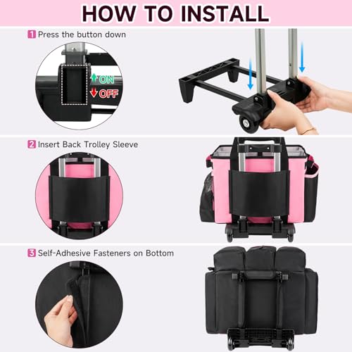 Large Rolling Cleaning Caddy Bag with Detachable Trolley,Cleaning Cart on Wheels with Shoulder Strap,Cleaning Supplies Organizer for Housekeepers,PInk - color: Pink