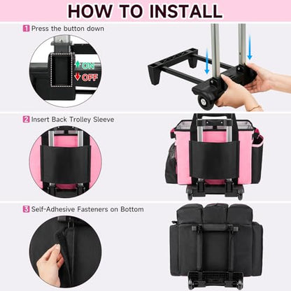Large Rolling Cleaning Caddy Bag with Detachable Trolley,Cleaning Cart on Wheels with Shoulder Strap,Cleaning Supplies Organizer for Housekeepers,PInk - color: Pink