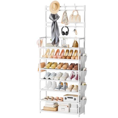 OYREL Shoe Rack 7 Tier Shoe Organizer Storage 21-28 Pairs | Closet Shoes Rack for Front Door Entrance Shoe Rack Organizer with Hooks Side Pocket Entryway Large Capacity Shoe Shelf Tower - color: White, size: 7 Tier (23.6"Wx 65.4"H)