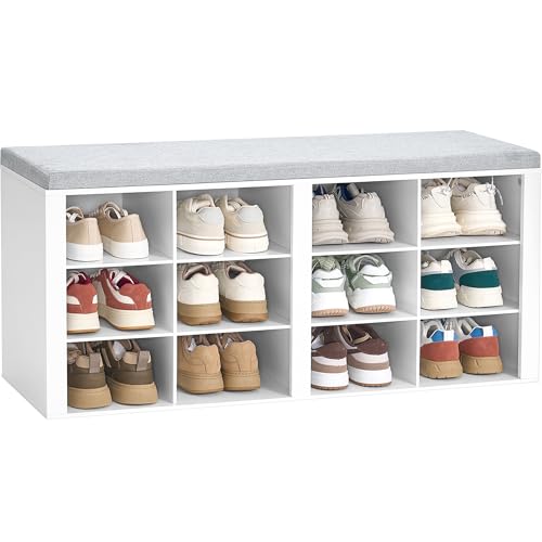 Hzuaneri Shoe Storage Bench with Cushion, Entryway 12-Cubby Shoe Rack | multifunction shoe organizer cabinet with adjustable shelves for hallway, bedroom, living room, White SB19003GY - color: White, size: 11.8"D x 40.9"W x 19.3"H