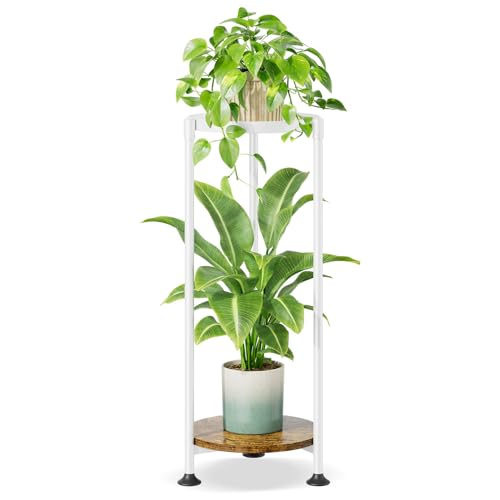 iDavosic.ly 2 Tier Corner Plant Stand Indoor, 30 Inch Tall Vertical Metal Flower Heavy Duty Pot Holder Shelf Outdoor for Patio Porch Living Room, White & Rustic Brown - Round - color: White, size: 2 Tiers