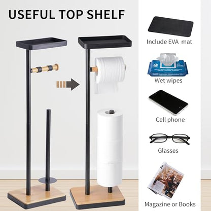 Clasin Home Toilet Paper Holder Stand, Free Standing Toilet Paper Holder with Storage and Top Shelf, Black Toilet Paper Stand Weighted Base with Bamboo Design for Bathroom - color: Black With Bamboo Base