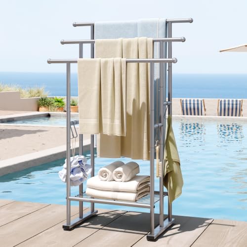 ELYKEN 3 Tier Standing Towel Rack, 40'' Tall Towel Drying Rack Outdoor, Freestanding Floor Towel Rack with Shelf, Pool Towel Blanket Stand, Metal Towel Racks for Bathroom freestanding, Smooth Silver - color: Silver