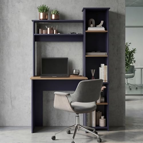 Tuhome Versalles Writing Desk with Hutch & Side Bookcase, Tall 63.9" Vertical Computer Desk, 5 Open Shelves Home Office Desk, Space-Saving Small Desk, Engineered Wood - color: Natural Oak, Blue