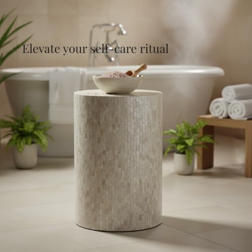 PEMAR Mother of Pearl Cylinder Drum End Table Nacre Side Stool Round Accent Table Coffee Bedside Nightstand and Vanity Stool 13" Diameter x 19.3" High Pearl White & Cream - color: Pearl White