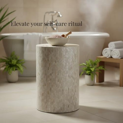PEMAR Mother of Pearl Cylinder Drum End Table Nacre Side Stool Round Accent Table Coffee Bedside Nightstand and Vanity Stool 13" Diameter x 19.3" High Pearl White & Cream - color: Pearl White