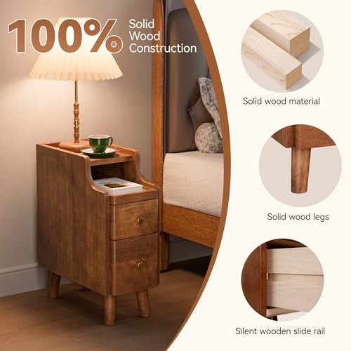 Nightstand with Drawers Set 2, Pre-Assembled, 19.7" H Natural Solid Wood Night Stand with Open Sliding Shelf, Mid Century Modern Small Bedside Table Cabinet for Bedroom, Walnut 8" - color: Walnut-2pack, size: 8"