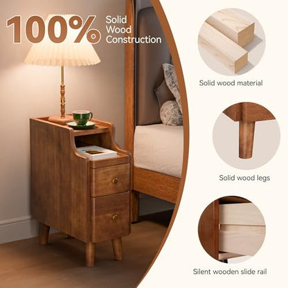 Nightstand with Drawers Set 2, Pre-Assembled, 19.7" H Natural Solid Wood Night Stand with Open Sliding Shelf, Mid Century Modern Small Bedside Table Cabinet for Bedroom, Walnut 8" - color: Walnut-2pack, size: 8"