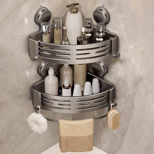 Corner Shower Caddy Suction Cup Shower Shelf Corner No Drilling Bathroom Shower Organizer Storage Rack Adhesive with Towel Bar Hooks (2-Pack,Gray)