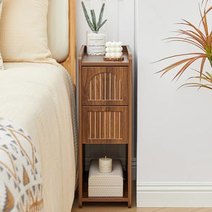 FurSch Fluted Thin Nightstand & Skinny Bedside Table for Bedroom, Narrow Night Stand Side End Table with 2 Drawers and Open Shelf for Small Spaces (Walnut-1 pc) - color: Walnut-1 Pc