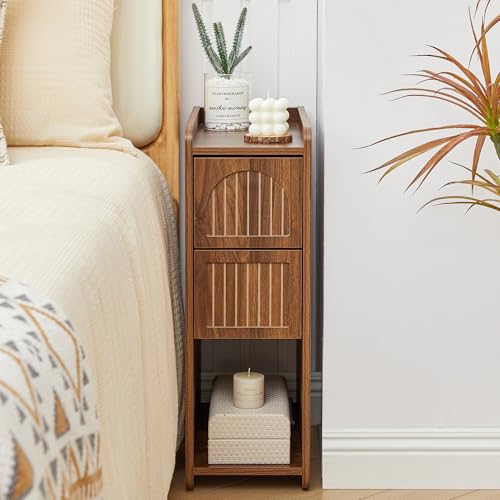 FurSch Fluted Narrow Nightstand & Skinny Bedside Table for Bedroom, Thin Night Stand Side End Table with 2 Drawers and Open Shelf for Small Spaces (Walnut-2 pcs)
