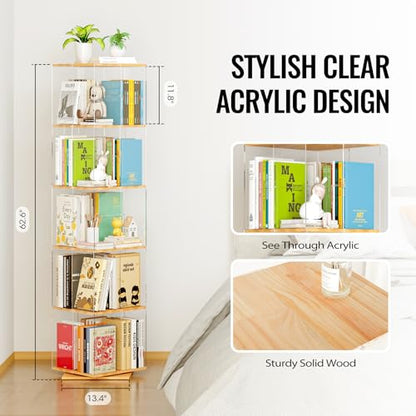 TAKEKIT 5-Tier Rotating Bookshelf, 360° Spinning Book Shelf Tower with Solid Wood & Clear Acrylic, Square Revolving Bookcase for Kids Room, Living Room, Bedroom and Office - color: Natural Square, size: 5-Tier