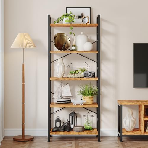 DurayLoly 2 Pieces 5 Tier Bookshelf for Narrow Space, Rustic Brown | Small Space Dwellers , Sidebars and Metal Frame - color: Rustic Brown, size: 5 Tier - 2 pcs