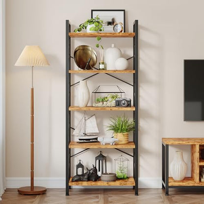 DurayLoly 2 Pieces 5 Tier Bookshelf for Narrow Space, Rustic Brown | Small Space Dwellers , Sidebars and Metal Frame - color: Rustic Brown, size: 5 Tier - 2 pcs