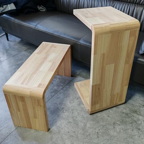H27.2in C Shaped End Table, Natural Solid Wood Sofa Side Table for Couch/ Bed/Living Room, Space-Saving Small Snack Table for Bedroom, Office or Balcony, Wooden Nightstand for Laptop and Narrow Spaces - color: H 27.2″ - Wood, size: 2