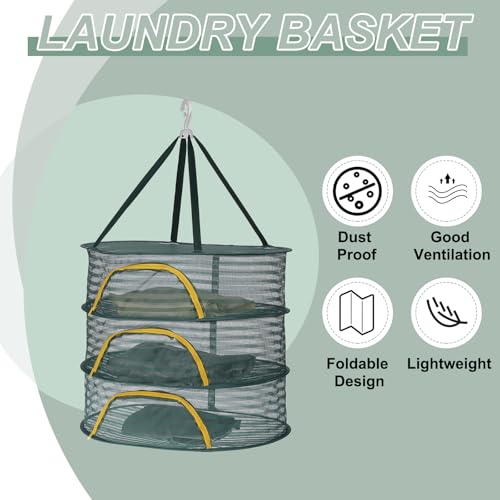 MECCANIXITY 24" Herb Drying Rack Hanging 3 Layer Hanging Mesh Net Collapsible Food Drying Fish Net with Zipper for Fish Buds Fruit Dehydrated Goods Vegetables Clothes, Green
