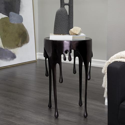 Deco 79 Aluminum Metal End Table with Abstract Drip Design, Black Side Table, Accent Melting Legs and Black Glass Top, 16" x 16" x 25", Black - color: Black