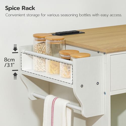 HOOBRO Kitchen Island with Trash Can Storage, Rolling Kitchen Island on Wheels, Kitchen Storage Island with Power Outlet, Mobile Islands Table for 10 Gallon Garbage Bin, Natural and White WN80UZD01G1 - color: Natural + White