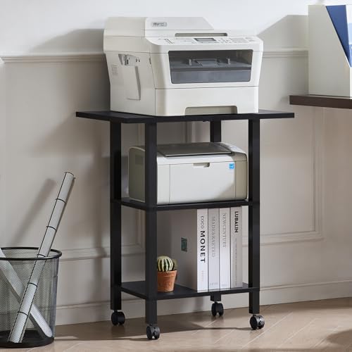 YUFAM 3 Tier Home Printer Stand with Storage, Black | Wooden Mobile Printer Table Shelf, Rolling Printer Cart Shelf with Lockable Wheels fit Fax Machine, Scanner - color: Black, size: 15.75"D×23.65"W×25.7"H