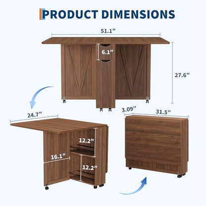 Garvee Folding Dining Table with Storage, Folding Kitchen Table with 6 Wheels, Drawer & Shelves, Compact Dining Table for Small Spaces - color: Brown