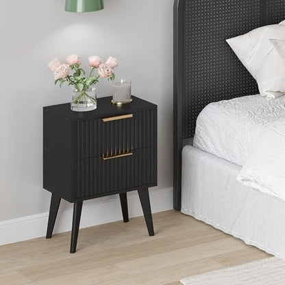 YAUKOMEL Black Nightstand,Mid Century Modern Bedside Table, Fluted Nightstand with 2 Drawers,Side Table with Wood Legs, End Table for Bedroom,Apartment,Dormitory,Small Space Black CTG55BK - color: Black, style: Fluted Style