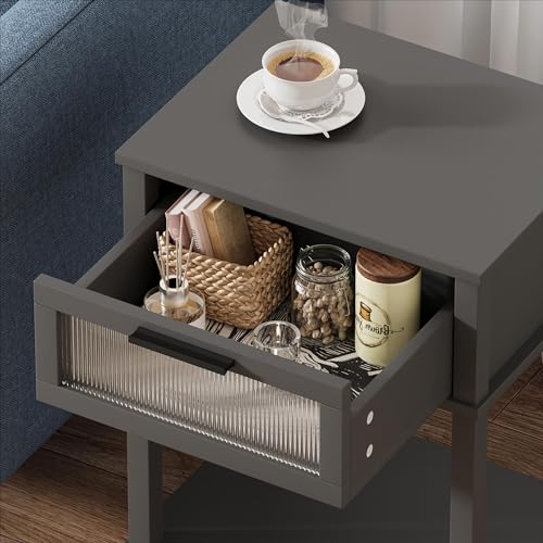 Nightstand Wooden Bedside Table with Drawer Grey Night Stands Modern Style Small End Table Side Table with Storage Shelf for Bedroom Living Room MLBZ10G - color: Grey