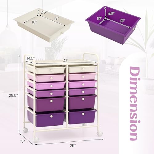 DREAMADE Rolling Cart with Storage Drawers, Utility Cart w/Removable Plastic Drawers, Lockable Wheels, Art Cart for Classroom Organization Art Supplies Office Scrapbook (12 Drawers, Purple Gradient) - color: Gradient Purple, style: 12 Drawers