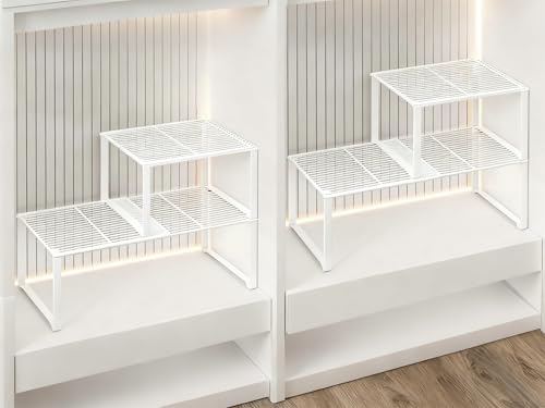Extendable Metal Wire Shelf Organizer - Adjustable 15-24.4in Length, Stackable Storage Rack for Kitchen/Pantry/Bathroom/Shoe Cabinet/Tool Closet (4, White) - color: White, size: 4 Pack