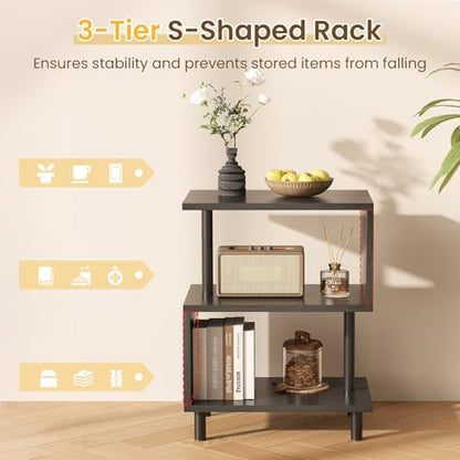 Apicizon S-Shaped Side Table, 3-Tier Nightstand with Solid Wood Legs, Slim Bedside Table with Storage Shelf, Modern End Table for Small Spaces, Bedroom, Living Room, Entryway, Black - color: Black