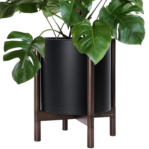D'vine Dev Plastic Pot with Walnut Wood Stand, Black, 14 in, 55-C-R-2 | Mid-Century Inspired Design, Elevated Plant Display, Clean Lines, Sturdy Support, Modern Space-Saving Style - color: Matte Black Pot + Walnut Color Stand, size: 14 Inch
