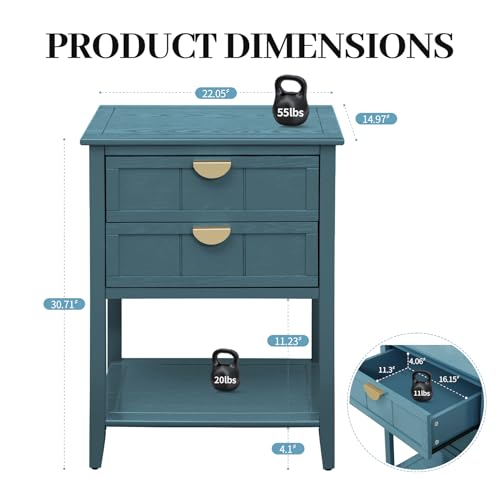 vistavie 22" Blue End Table with 2 Drawers and Open Shelf, Accent Side Table with Storage, Gold Handles and Solid Wood Legs for Living Room, Sofa Side - color: Blue Set of 1