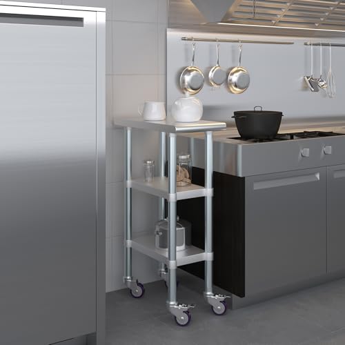AmGood Stainless Steel Work Table with 2 Shelves and Casters | Metal Utility Table On Wheels (Stainless Steel Work Table with 2 Shelves + Casters, 12" Long x 24" Deep) - size: 12" Long x 24" Deep