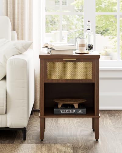 Rattan Nightstand with Drawer and Open Shelf, Boho Side Table with Gold Handle, Small Night Stand, Modern Bedside Table for Bedroom, Walnut - color: Walnut