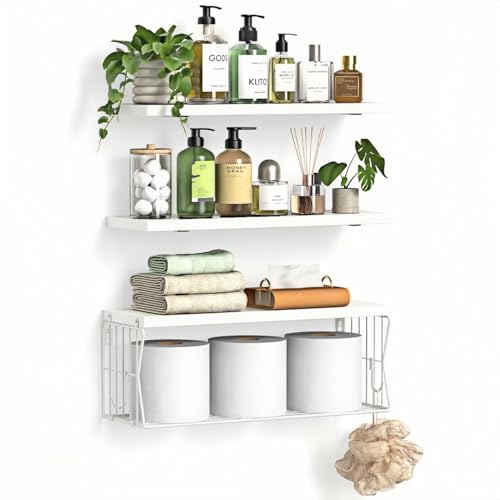 Floating Bathroom Shelves Wall Mounted - Wooden Shelf Set of 3 for Over Toilet Storage & Modern Bathroom Decor - Perfect Shelving Organizer for Apartments RVs Powder Room Restroom - White - color: White