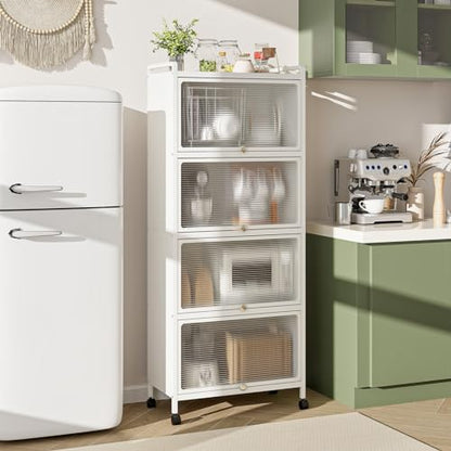 5-Tier Kitchen Storage Cabinet, Mobile Microwave Stand with Metal Frame, 4 Lockable Casters & Flip-up PC Doors, Freestanding Bakers Rack for Kitchen, Dining Room, Living Room (White) - color: White
