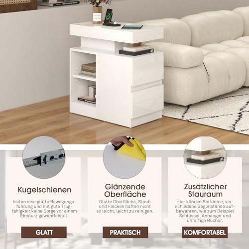 OC Orange-Casual LED End Table with Power Outlet, High Glossy Sofa Side Table, Small Nightstand with Drawer and Storage Cabinet, Narrow Side Table with Charging Station for Living Room (1,White) - color: White