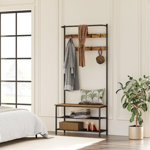 Hall Tree, Coat Rack with Shoe Bench, 4-in-1 Entryway Bench with Storage Shelves, Hanging Rod and 8 Movable Hooks, Hall Tree with Storage Bench for Hallway, Rustic Brown and Black MT02BR