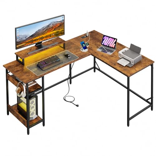 DEVAISE Spacious 55" L Shaped Gaming Desk with LED Lights and Power Outlets - Reversible Corner Computer Table with Monitor Stand and Storage Shelves for Work and Gaming, Rustic Brown - color: Rustic Brown, size: 55 Inch