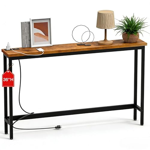 FAMIDGE Charging Console Table with Outlet 36 Inch Tall Narrow Sofa Table One-Piece Top Behind Couch Table 2 USB 2 AC for Entryway Hallway, Living Room, Rustic Brown - color: Brown
