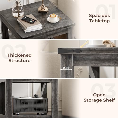 Homieasy 20" End Table with Storage Shelf, Square Farmhouse Bedside Table, Grey - color: Grey