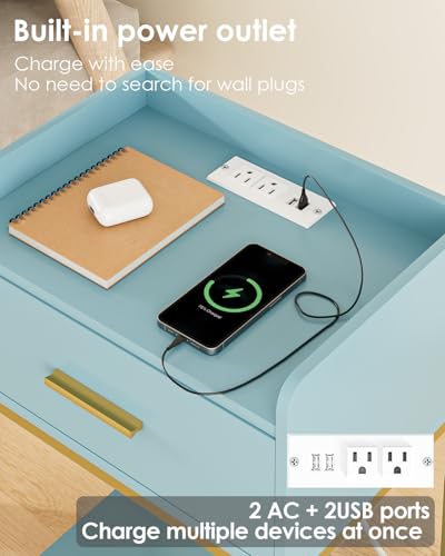 Nightstand with Charging Station,3-Tier Modern Bedside Table Night Stand with Storage Drawer and Open Shelf,Small End Side Table for Bedroom,Living Room,Blue - color: Blue With Charging Station