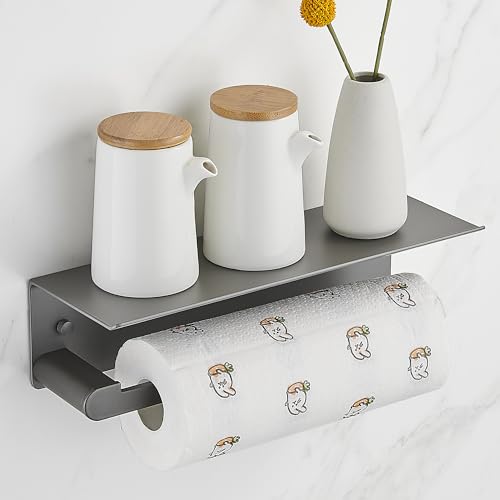 DUFU Paper Towel Holder with Shelf for Kitchen, Grey | Paper Towel Holder Wall Mount for Bathroom, Self-Adhesive Anti-Rust Aluminum, No Drill or Wall-Mounted with Screws - color: Gray
