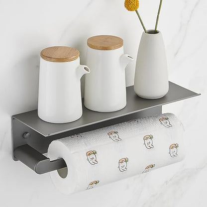 DUFU Paper Towel Holder with Shelf for Kitchen, Grey | Paper Towel Holder Wall Mount for Bathroom, Self-Adhesive Anti-Rust Aluminum, No Drill or Wall-Mounted with Screws - color: Gray