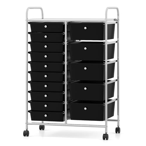 BECOMFORT 15-Drawer Rolling Utility Cart, Storage Cart on Wheels, Teacher Classroom Organizers with Metal Frame & Lockable Wheels, Mobile Trolley Craft Cart for Art Paper Tools (Black, 15 Drawers) - color: Black, size: 15 Drawers
