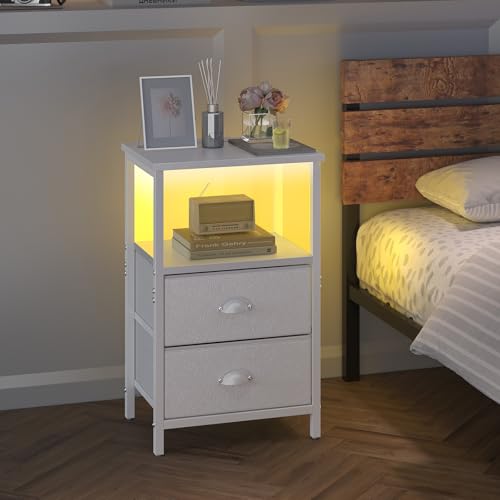 sthmec Nightstand with Charging Station, LED Night Stand Set 2, Bedside Table End Tables Set of 2, Bedroom Tables with 2 Fabric Drawers PU Finish, 3-Tier Storage Side Table for Bedroom,White - color: White